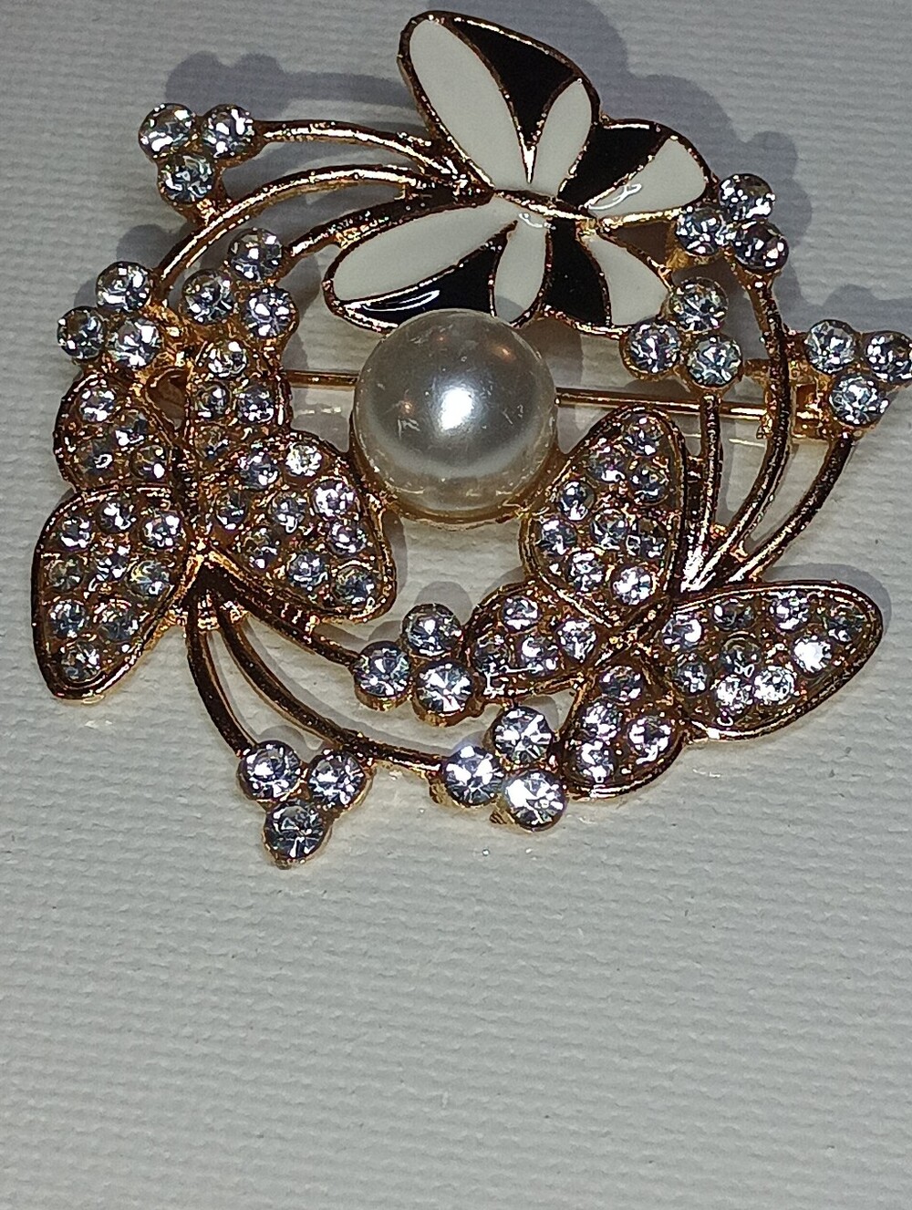 Elegant Pearl & Crystal Butterfly Brooch
